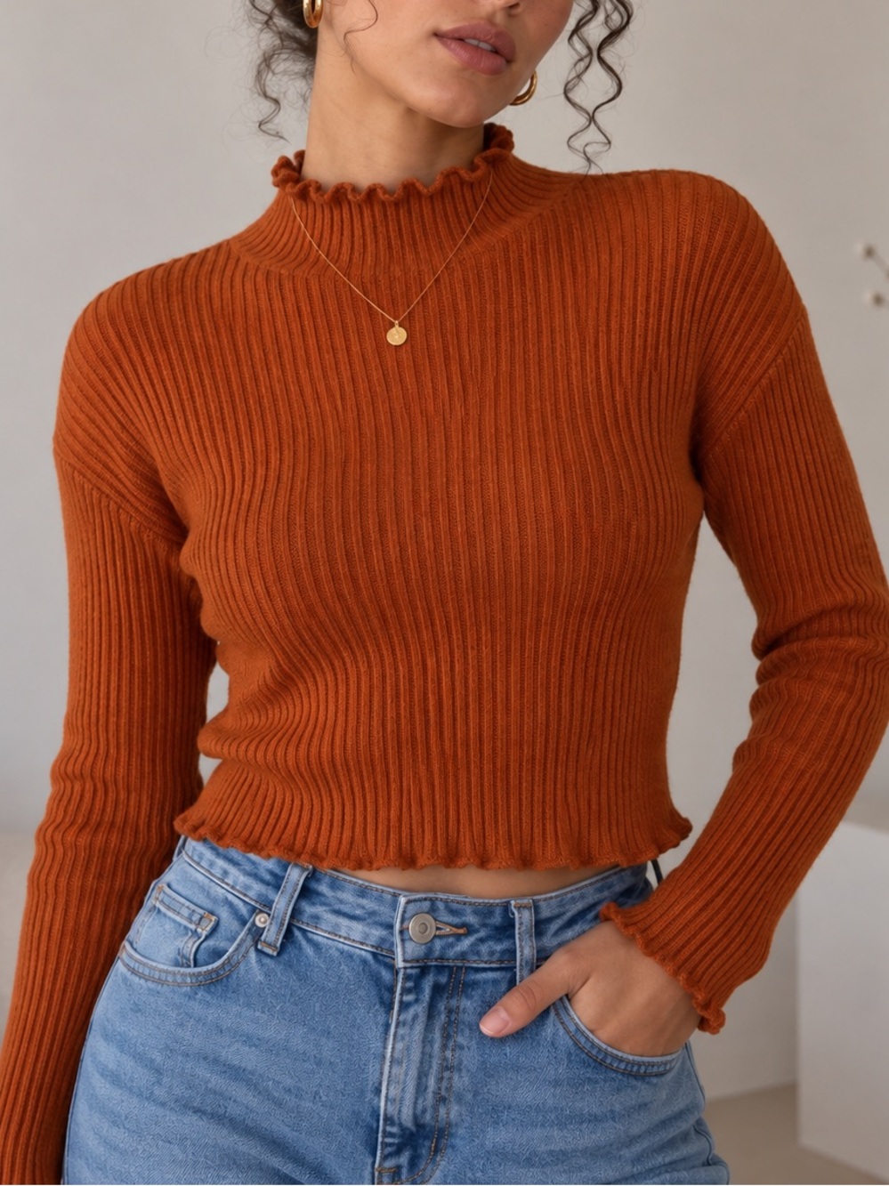 Ribbed Cropped Mock Neck Sweater - Rust Orange
